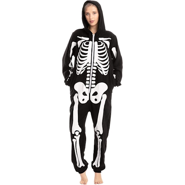 Unisex Skelett Onesie Pyjamas Plysch Skelett Jumpsuit Dragkedja Halloween Hoodie Pyjamas för Vuxna Nattkläder Kostym Svart M