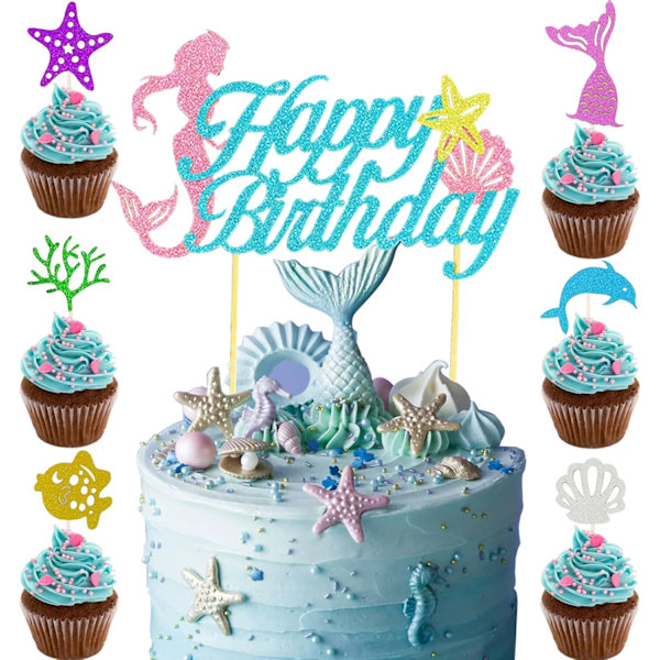 Mermaid Birthday Decoration Kit, Cake & Cupcake Toppers, Paper Garland, for Ocean Theme Baby Party