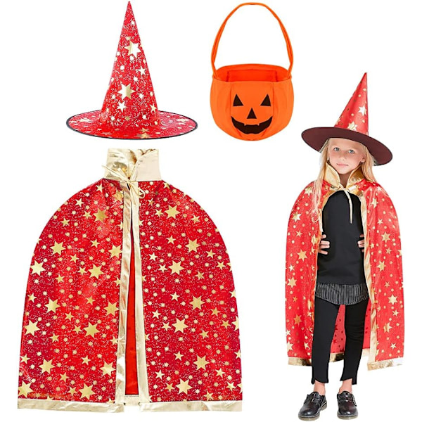 Trollmannskappe med hatt, Halloween-kostyme for barn, heksekappe, stjernekappe, magisk hatt, rollespill for gutter og jenter Färg: röd