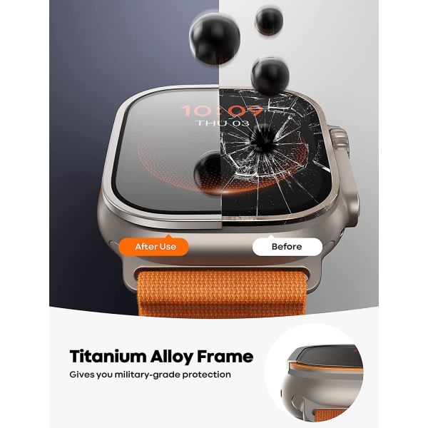 Apple Watch Ultra 49 mm sk?rmskydd, [Titanram] 2-pack 9h h?rdat glasfilm med verktygssats f?r enkel inriktning, fullst?ndigt t?ckningsskydd