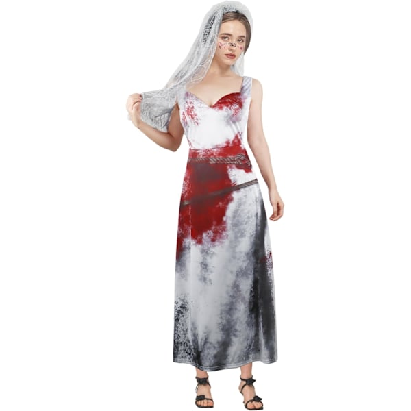 Zombie brudekostume til damer, Halloween fancy outfit spøgelses krop kjole blodig kostume L