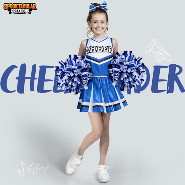 Cheerleaderdräkt för flickor, söt cheerleaderoutfit, blå och vit cheerleaderuniform för Halloween-utklädnad och rollspel BLÅ Medium(8-10 yrs)