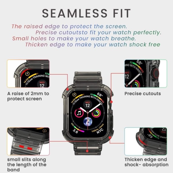 Gris Armband Armband Apple Watch 42mm 44mm 45mm, Crystal Armband de Sport och Silicone Souple Transparent iWatch för Apple Watch 8/7/SE/6/5/4/3