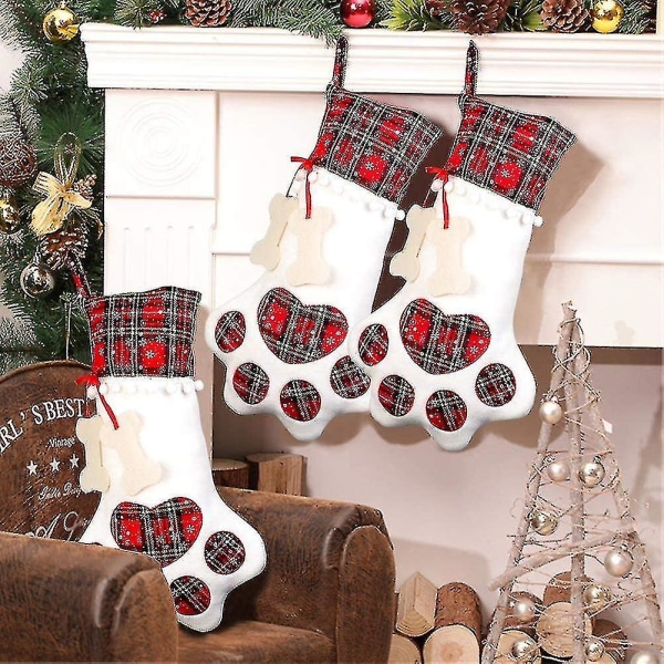 Pet Dog Julstrumpor med tass, pläd hängande julhundstrumpa för juldekorationer