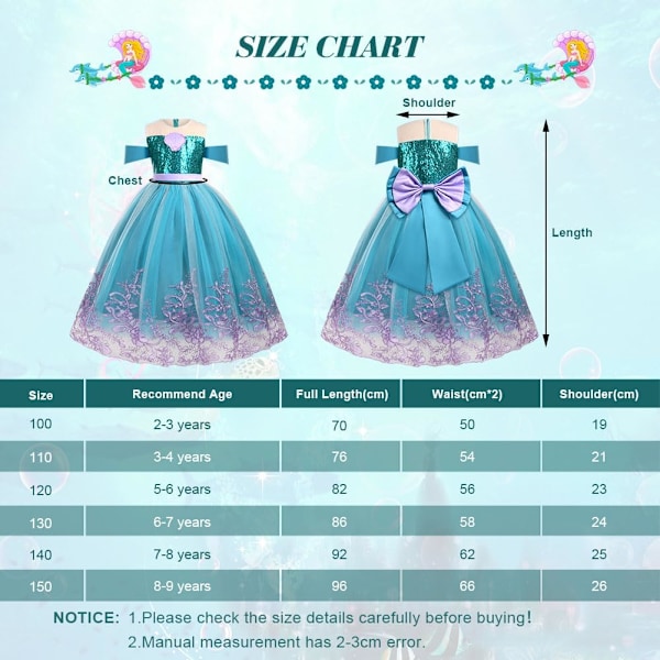 Sjöjungfruklänning för flickor, sjöjungfrudräkt med rosett med krona och trollstav, sjöjungfrprinsessdräkt för flickor Halloween Cosplay Carnival 120CM