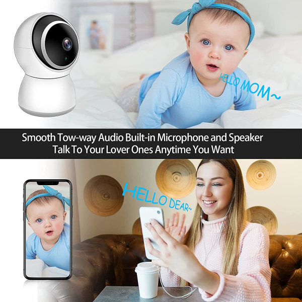 Baby , 720p wifi-säkerhetskamera inomhus baby med kamera, rörelsespårning, mörkerseende med 2-kanaligt ljud