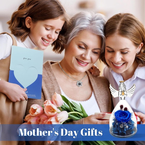 Glasros ängelstatypresent till kvinnlig mamma mormor, evig ros som mors dag ängelpresent, mammapresent, dampresent, jubileumspresent Blue Blue