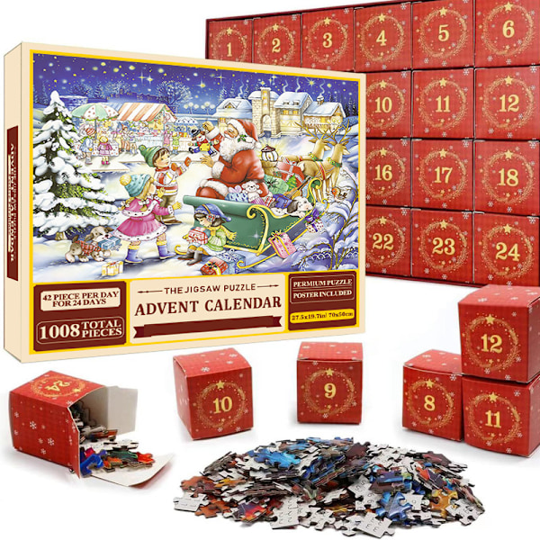 Kreativ adventskalender 24 bokser papirpuslespill overraskelse blindboks rød gave suvenir jule nedtelling 1008 pieces   09