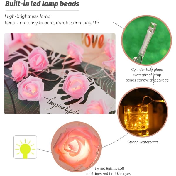 Rose Flower String Lights, 20 LED varmvit batteridriven rosa