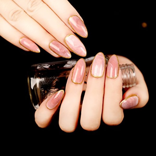 24 stk. Fashion Style Pink Marble Shell Color Lady Kunstige Falske Negle Tips Lange Z105 (pink med gylden kant)