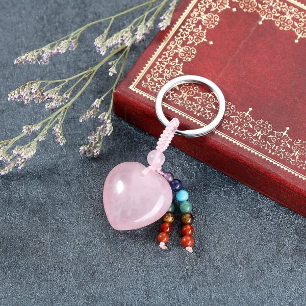 Natural Rose Quartz Heart Crystal Keychain 7 Chakra Healing Gemstone Key Ring Charm f?r kvinnor