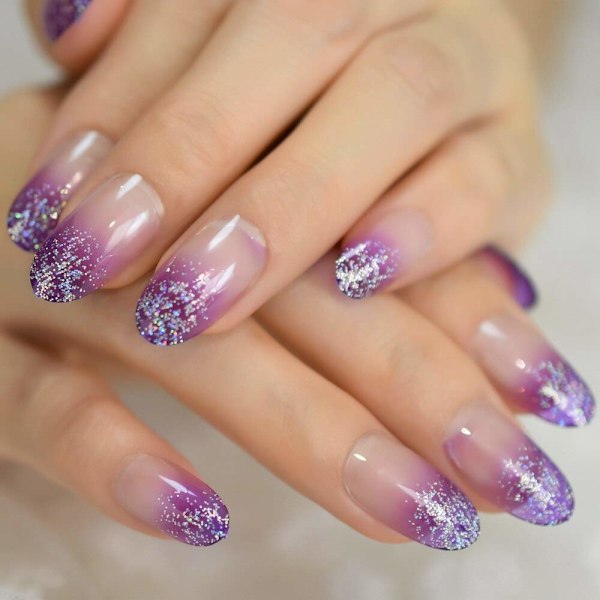 Hurmaavat violetit tekonkynnet Bling Glitter Ombre Oval Clear Gel Nails Designed Nail Art Tips 24 kpl