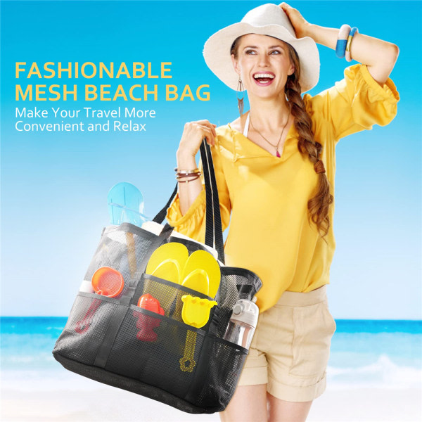 Stor kapacitet Mesh Beach Tote Bag med 8 fickor för leksaker Klädförvaring Svart