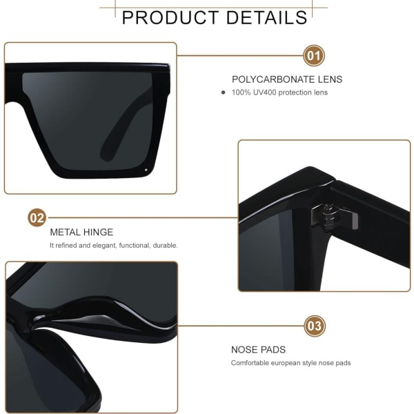 Fyrkantiga överdimensionerade solglasögon för kvinnor män Big Flat Top Fashion Shield Stora UV-skydd Kantlösa nyanser B B