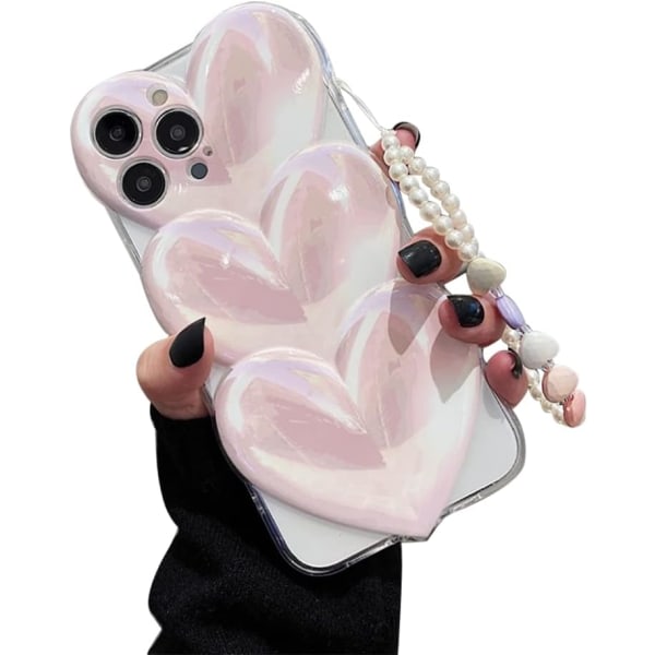 Designad f?r iPhone 13- case, Pink Love Heart iPhone-skal Opalm?nster med p?rlarmbandskedja, mjuk