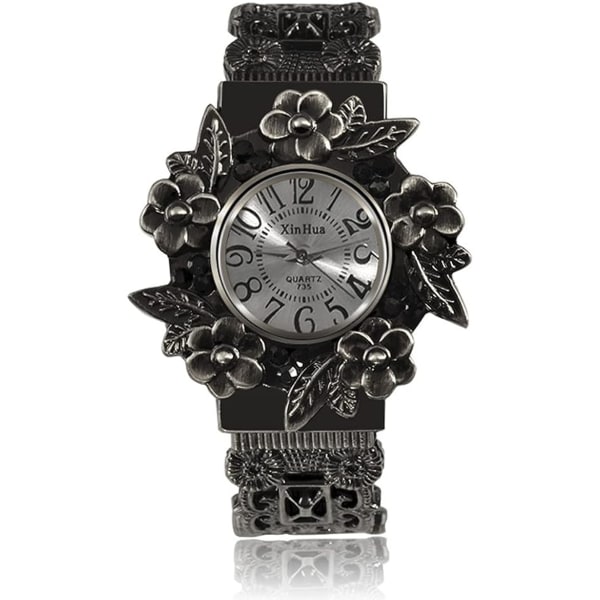 Kvinnor Flickor Vintage Cuff Armband Armband Watch snidade blommor Analog Quartz Watch