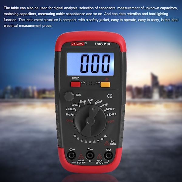 Digital kapacitansmåler Multimeter Professionel Kondensatortester 0,1pF - 20000uF med LCD-baggrundsbelysning og sikkerhedsjakke 1999 Display