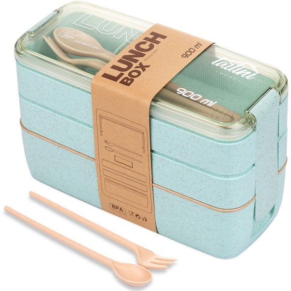 3-i-1 stapelbar Lunch Bento Box med sked och gaffel Blue Cherry