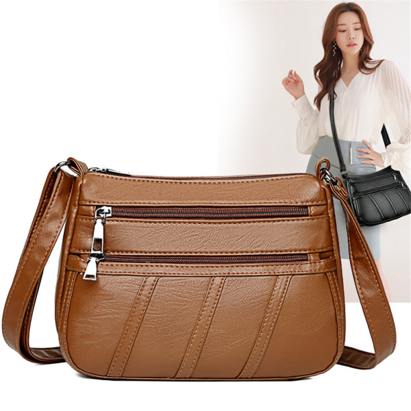 Crossbody Sling Messenger Bag Pack PU Vanlig axelhandväska för kvinnor Casual Travel Brun