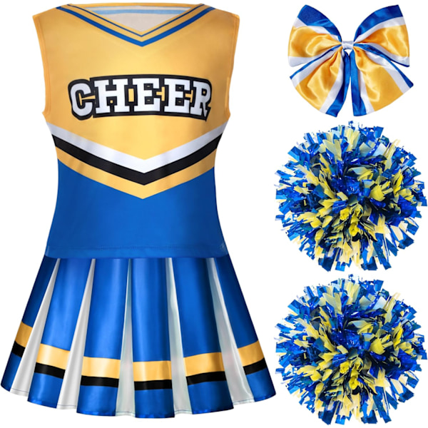 Cheerleaderdräkt för flickor, söt cheerleaderoutfit, blå och vit cheerleaderuniform för Halloween-utklädnad och rollspel blå guld L (10–12 Jahre)