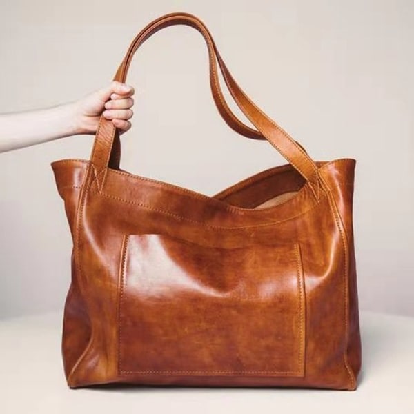 Damväska i mjukt PU-läder Vintage axelväska med stor sidoväska Snygg handväska med topphandtag Guldbrun