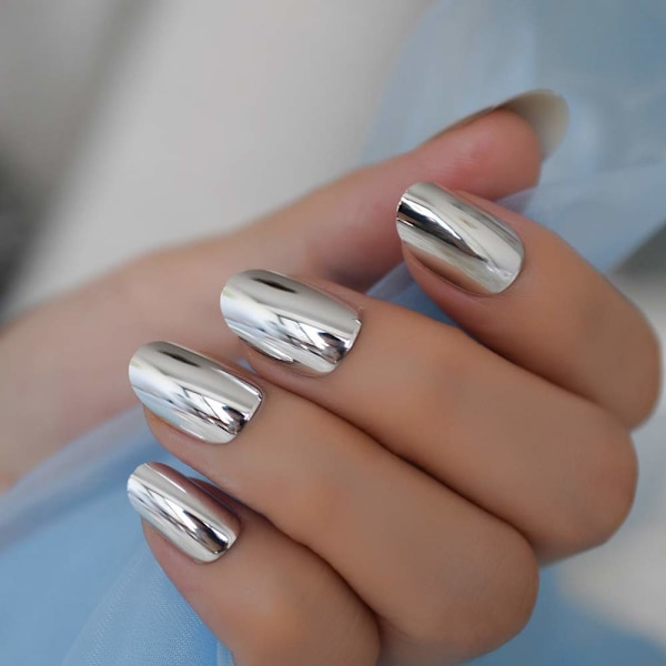 Kvalitets ovala falska naglar silver spegel faux ongles medium daglig nagelkonst tips metallisk stil glamour nagelspets 24