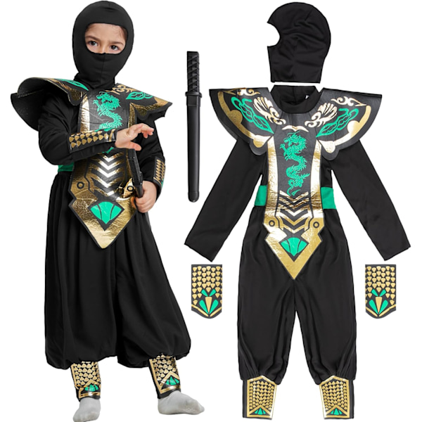 Ninja-kostym för pojkar Halloween Samurai-kostym Kostym Svart Rollspelskostym med skumväst Grön 7-8 ans