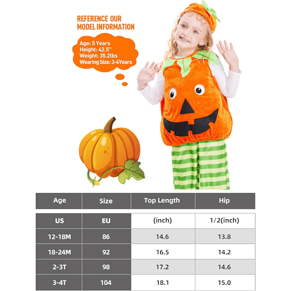 Halloween-kostymer for barn, varm gresskarvest for gutter og jenter Pumpadräkt 2-3 Jahre