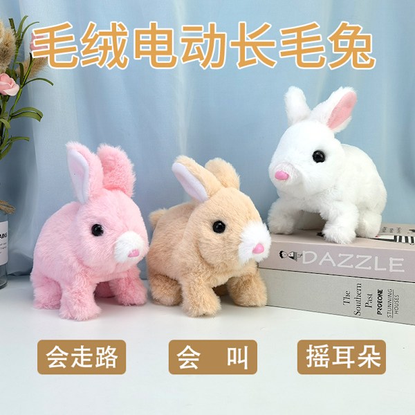 Plysj elektrisk liten hvit kanin simulasjon kjæledyr som kan gå, bjeffe, bevege munnen og riste på ørene langhåret kanin leketøy Little rabbit【pink】