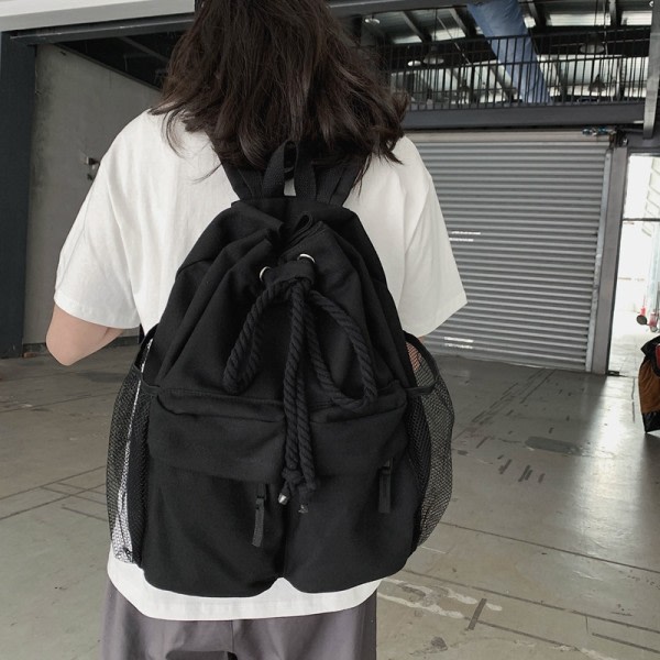 Japansk stil Chic Style Ryggsäck Bag Original Nisch Stor Kapacitet Canvas Dragsko Par Student Ryggsäck Trendig Herr Vit