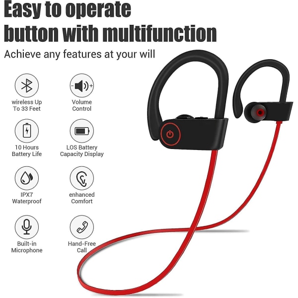 Bluetooth hörlurar, ipx7 vattentäta trådlösa hörlurar för sportlöpare med mikrofon i öronproppar Upp till 10 timmars batteri