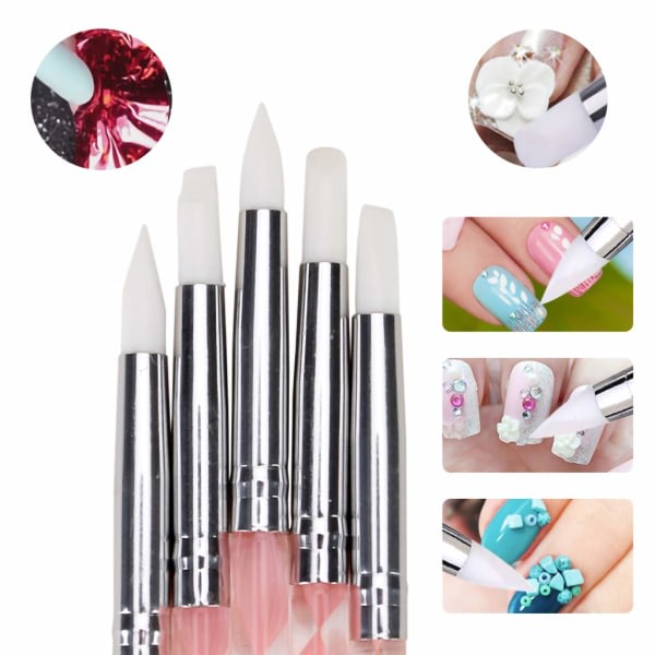 5 st Nail Art Dotting Tools Nail Silikonborste Dubbelt huvud UV Gel Dotting Ritning M?la Penna Lera (Rosa & Klar)