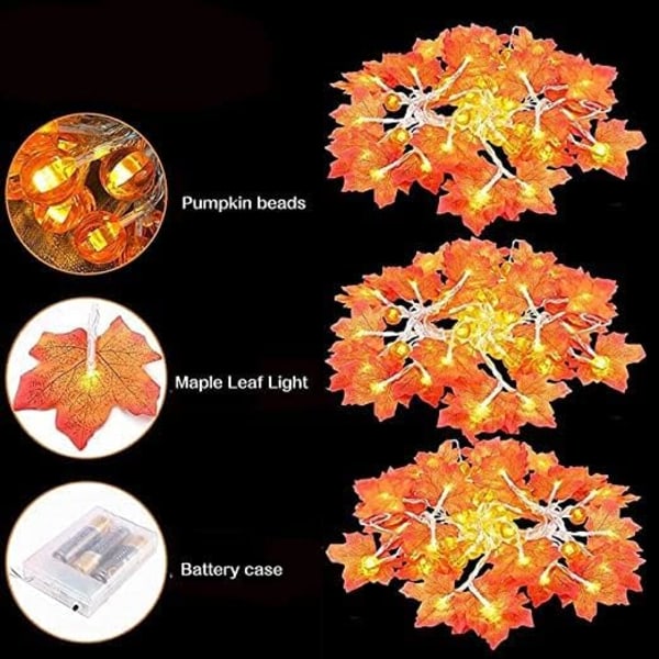 Lønneblad Græskar Lys, 3M 20 LED Efterårs Dekorationslys Efterårsblade Snor til Thanksgiving, Juledekoration Maple Leaf