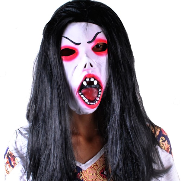 Skrekkmaske manuskript drap NPC mann og kvinne maske hodeplagg romflukt hjemsøkt hus kvinnelig spøkelseskjole Halloween dans Black hair eyebrow (including wig)