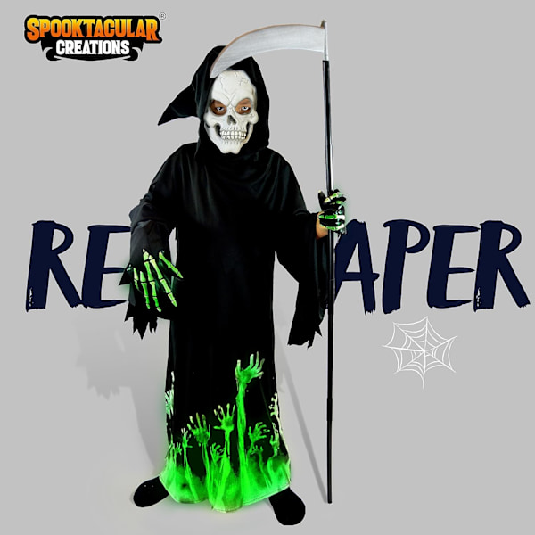 Sensenmann Grim Reaper Barnkostym för Barn, Deluxe Glow in The Dark Phantom Barnkostym Large ( 10- 12 yrs)