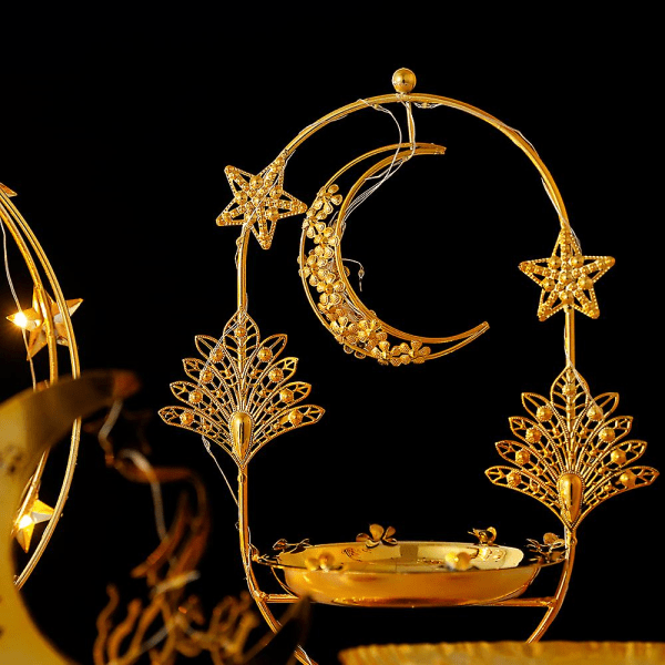 Ramadan Lampa Landle Hållare Bricka Med Ljus Eid Mubarak Muslim Islam Ramadan Festival Metall Ihålig lampa Hemdekorationer Hantverk