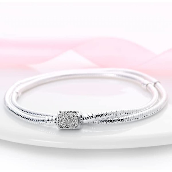 925 Sterling Sølv Slangekæde Armbånd Fuldt Kompatibelt med Pandora Charms, Sød Klo Armbånd med Skinnende Rund Lukning Charm Transparent Cz Jul