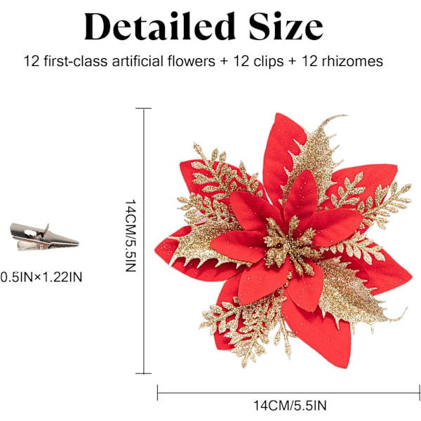 12 stk Røde Guld Kunstige Julestjerner, Juleblomster til Træpynt, 14cm