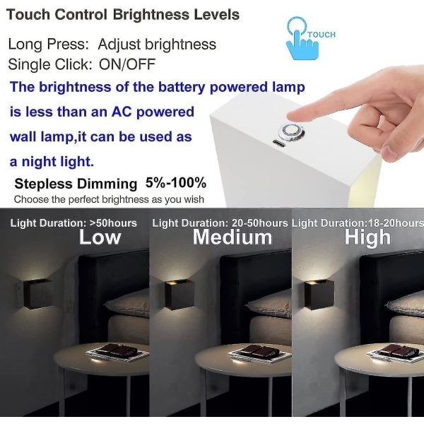 Inomhus LED-vägglampa med pekbrytare, sladdlös lampa Uppladdningsbar USB vägglampa Batteridrivna sänglampor (vita, 3000k)
