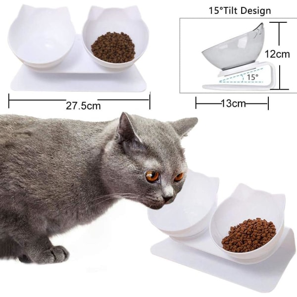 Kattmatsk?lar, kattmatsk?l med upph?jt stativ, 15° lutad halkfri kattsk?l, avtagbar, halkfri och st?nks?ker, f?r katter och valpar (vit)