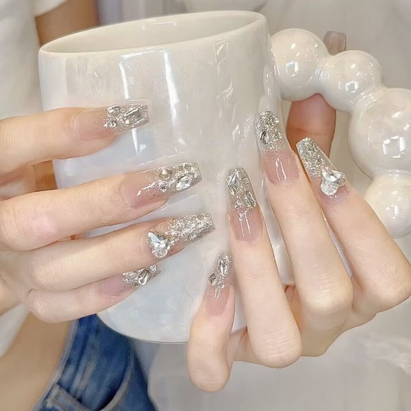 Tryck på naglar Korta fyrkantiga falska naglar Fransk spets lösnaglar med strassdesign cover glitter akrylstift på naglar Diamantlim på NB B
