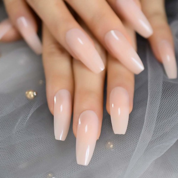 Nude Extra Long Fake Nails Coffin Full Cover Glossy False Nail Long Ballerina Nails with Glue Sticker