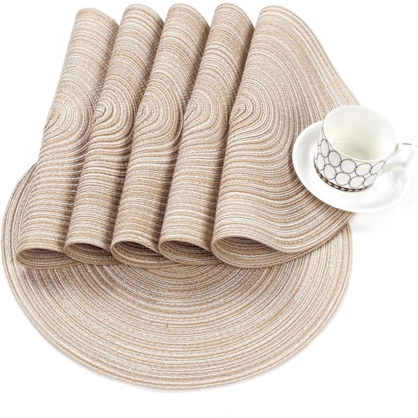 Sett med 6 Beige Rund Placemats i Bomull, 38 cm, Vaskbar Varmebestandig Kjøkkendekor BEIgE