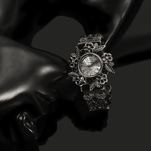 Kvinnor Flickor Vintage Cuff Armband Armband Watch snidade blommor Analog Quartz Watch