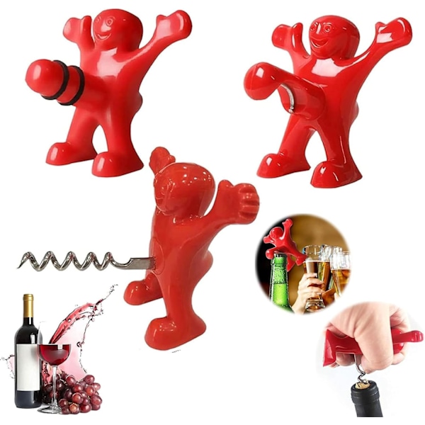 3 Piece Red Man Bottle Opener, Wine Bottle Stopper, Funny Novelty Corkscrew, Beer Bottle Opener Gift Set for Birthday Christmas Holiday