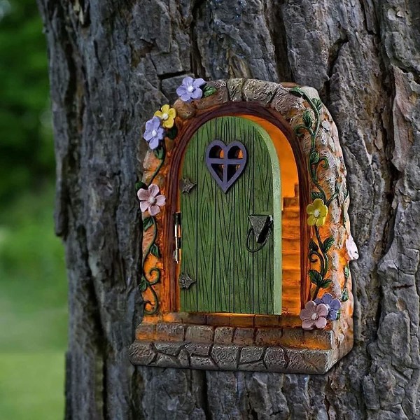 Miniatyr Fairy Gnome House Dörr med Solar Powered LED, Fairy Gate Solar Resin Trappor Dekoration Fo