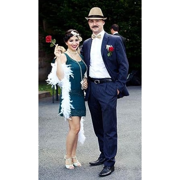 Grå 1920-tals herr Beige Färg Fancy Dress Accessoarer Gangster Flapper Set Great Gatsby Kostym Kit 1920-talet med Trilby Hat Mustasch Elastiska hängslen M