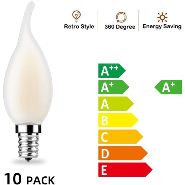 LED E14 Dimbar gl?dtr?dslampa, parti med 10 Flame-lampor, 4 Watt f?rbrukning 40W Gl?dlampa ekvivalens, 2700K varmvit och 400LM, 360° str?lvinkel