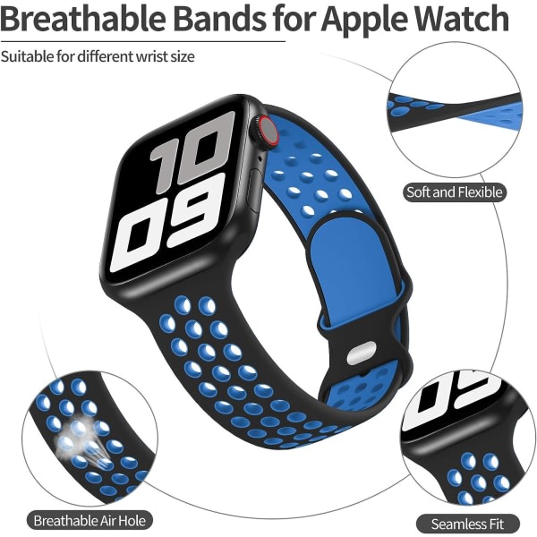 Sportband kompatibelt f?r Apple Watch -band, andningsbart mjukt silikon sportrem, damer, m?n, sportutg?va (svart+bl?, 42/44 mm)