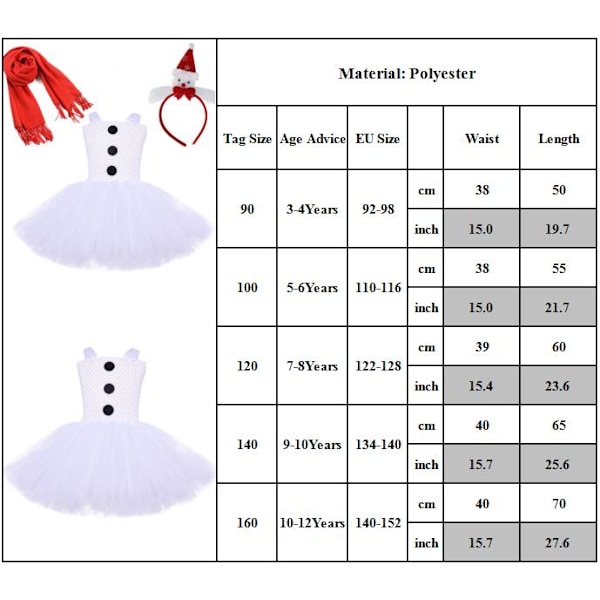 Vit Snögubbe Tutu Klänning Prinsessklänningar Flickor Juldräkt 140CM